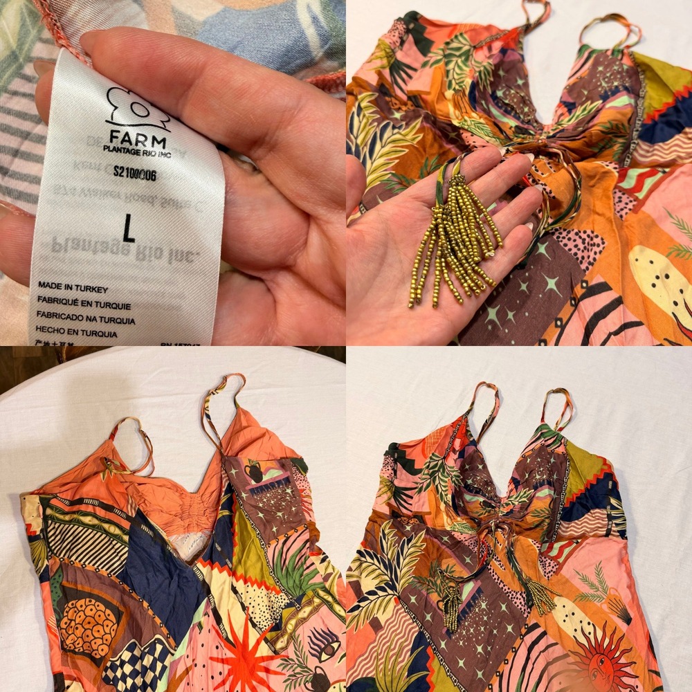 Farm Rio Dress Mixed Tropical Patchwork Midi Mystic City Beaded Tassels Orange L - Picture 5 of 10